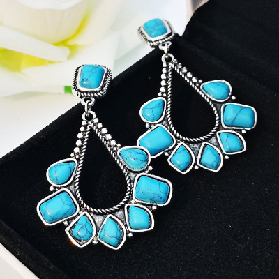 Rongyu Fashion Ruili Plated 925 Antique Silver Green Turquoise Earrings Europe and America Creative Drop-Shaped Turquoise High-Key Eardrop