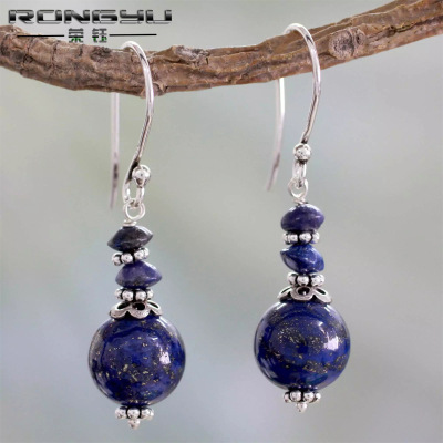 Rongyu Wish New Arrival Hot Sale European and American Vintage Thai Silver Eardrops Korean Fashion Natural Lapis Lazuli Ball Bead Earrings