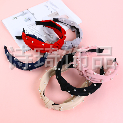 Imitation Pearl Decorative Cloth Knot in the Middle Headband Versatile Retro Multi-Color Elegant Artistic Style Hair-Hoop Headband
