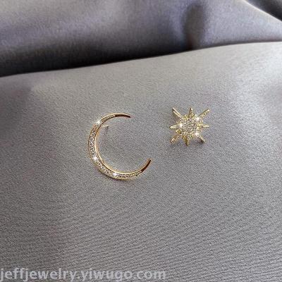 925 Silver Asymmetric Auricular Needle Micro-Inlaid Craft Full Diamond Star Moon Frosty Style Earrings Elegant Chic Fairy Ear Jewelry