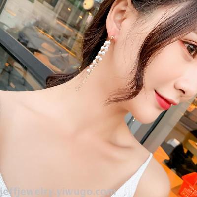 Korean New Fashionable Temperamental All-Match French Style Small Pearl Beaded Tassel Long Earrings Stud Earrings for Women