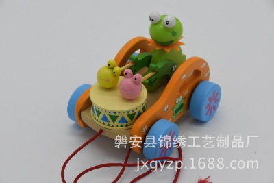 Factory Direct Sales Wooden Frog Trolley Frog Drum Trolley Wooden Cartoon Cable Toy