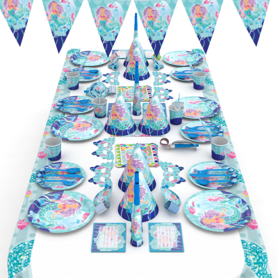 Disposable mermaid tableware set paper plate paper cup paper towel flag tablecloth party decoration theme activity dress up