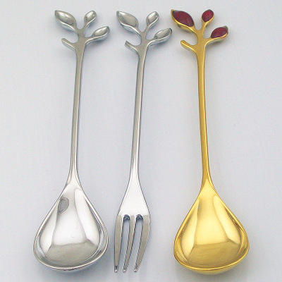 High-End Three-Dimensional Leaf Handle Mirror Light Tableware Coffee Spoon 3 Finger Fruit Fork Dessert Spoon Small Tone Gold and Silver Color New
