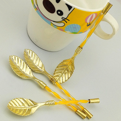 Creative Tableware Vintage Crystal Handle Leaf-Shaped Tone More Coffee Spoon Boutique Spoon Small Stirring Bronze Spoon Jy46