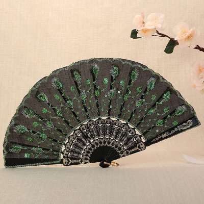 Black rod feather sequined craft fan, dance folding fan