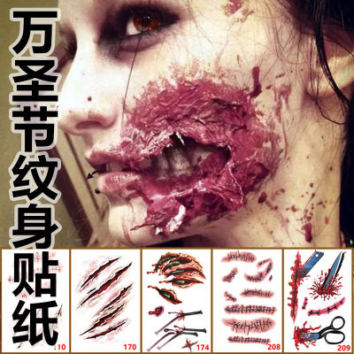 Halloween has a bloody scar tattoo stickers, non - toxic waterproof scar men and women lasting simulation of bleeding fake wounds