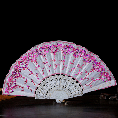 Wei-sheng craft fan white pole rattan flower sequins folding plastic fan gifts, manufacturers direct.