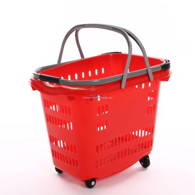 Supermarket four-wheel plastic basket supermarket plastic 45L rolling basket