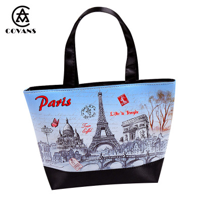 Europe and the United States retro fashion PU leather handbag digital printing Paris Tower handbag manufacturers wholesale