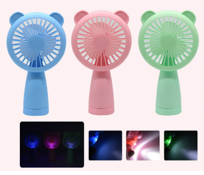 Creative bear USB charging fan with colorful lights and flashlight portable handheld desktop fan for students' dormitory