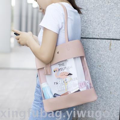 A new small, refreshing, one-shouldered travelling flamingo bag with transparent leather tote for women