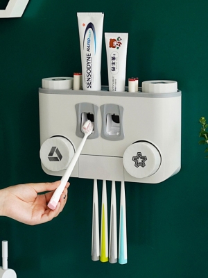 X51-8207 Toothbrush Holder Toothpaste Dispenser Bathroom Storage Rack Wash Appliance Storage Holder Wall-Mounted Punch-Free