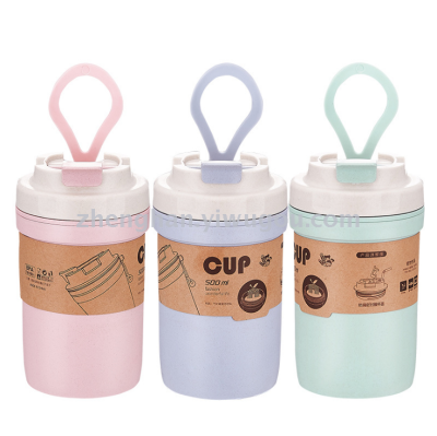 Bamboo fiber double layer water cup heat insulation and anti-scalding with handle seal thermos cup handy cup