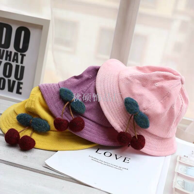 Lovely cherry fisherman hat soft sister corduroy children basin hat parent-child sun hat spring sun hat (18)