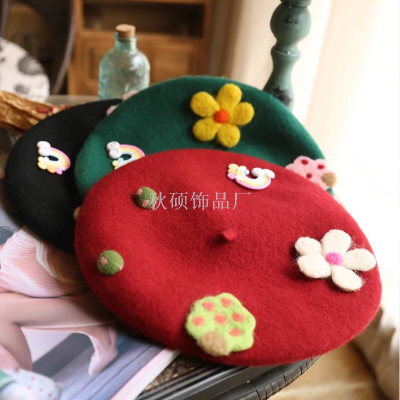 Hand-made cartoon forest fairy tale parent-child beret painter hat pure wool felt hat mother-daughter style hat (21)