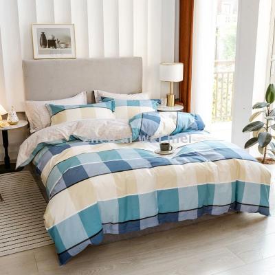 True love is only beautiful 100% pure cotton blue checked four - piece set of bed sheet and pillowcase and bedding