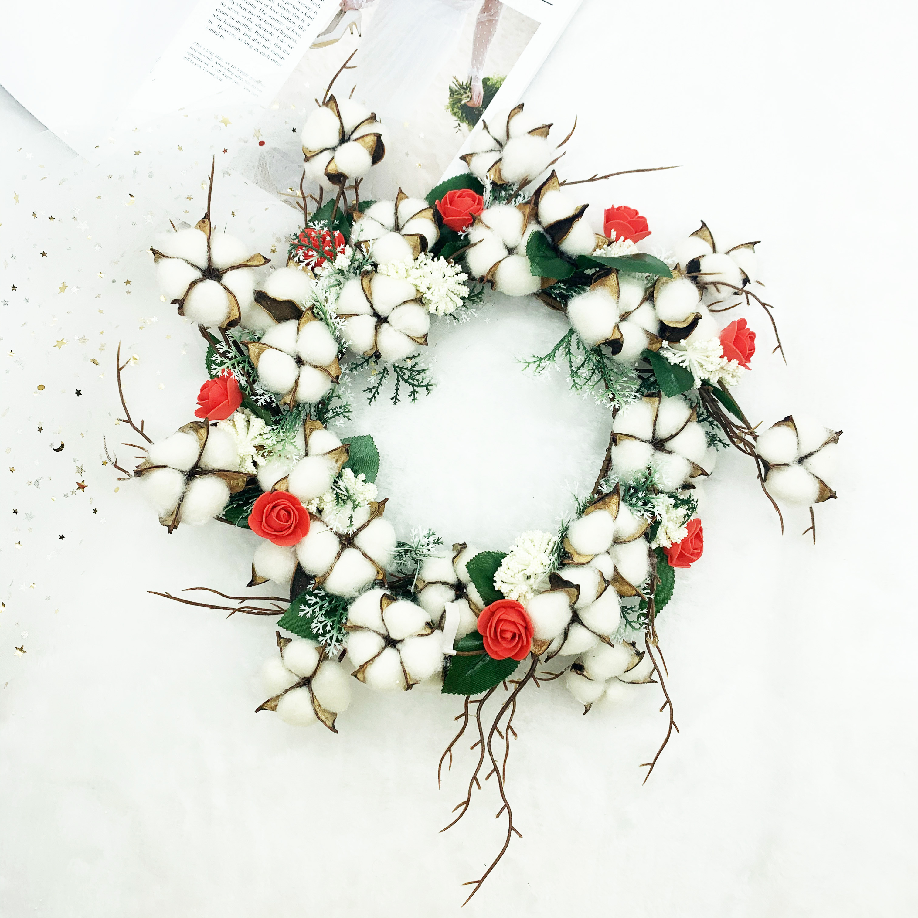 仿真棉花藤条花环圣诞装饰花圈树枝条壁挂花小清新婚礼布置花