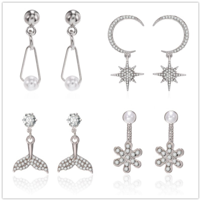 Korean version of a new fashion set diamond pearl pearl geometric moon sun personality fishtail