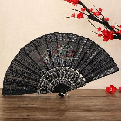 Wei-sheng craft fan black rod middle peacock tail sequins folding plastic fan carries gifts
