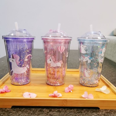 Double-Layer Plastic Cup Milky Tea Cup Unicorn with Cover Straw Cup Summer Ice Glass in Stock Push Piece Cover Stock