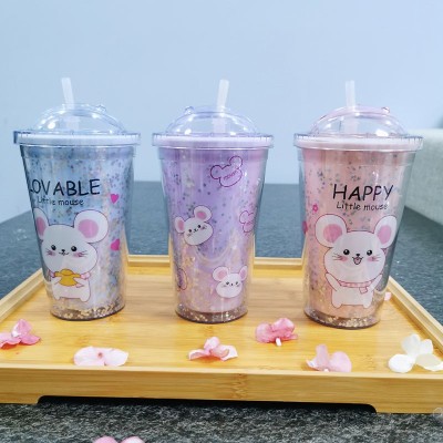 Mouse Hamster Plastic Water Cup Straw Double-Layer Cup with Lid in Stock Stock Factory Direct Sales Customizable