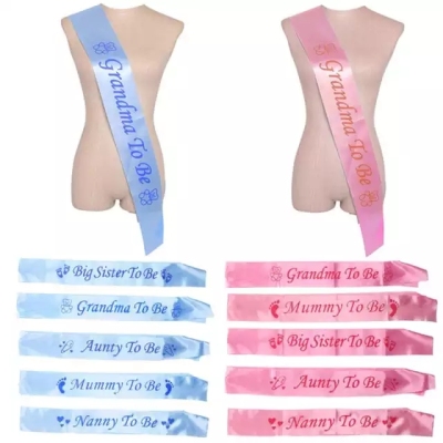 Custom Baby shower party satin sash baby blue pink color 