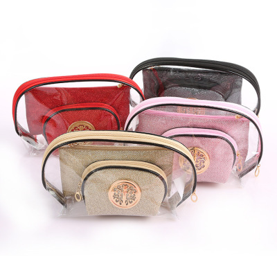 Popular Korean Transparent PVC Three-Piece Cosmetic Bag Clutch Purse Zipper Wash Collection Travel Storage Bag Gift