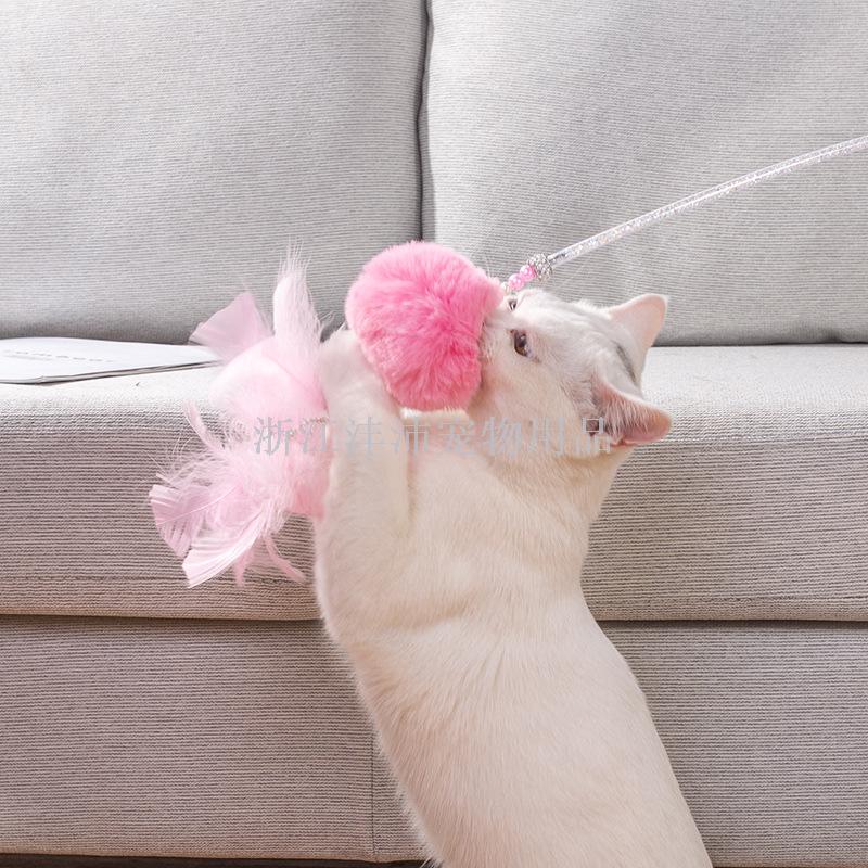 宠物用品 手工绒球吊坠羽毛逗猫棒 绒球羽毛流苏仙女逗猫棒