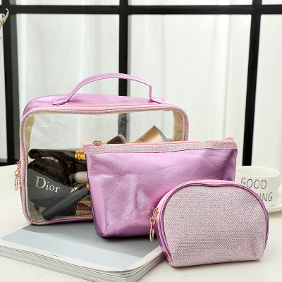 Factory Direct Sales Bright Color Fashion Cosmetics Three-Piece Storage Bag Travel Portable Cosmetic Bag Wholesale Customization