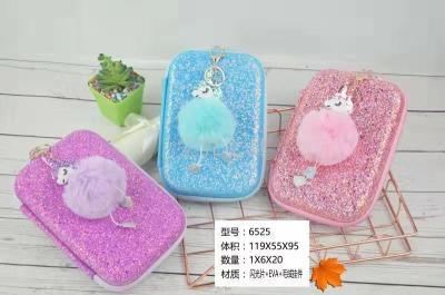 Unicorn EVA pencil case 6525 plush sequins decorate large capacity 3 d cartoon waterproof pencil case for children