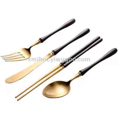 European 304 stainless steel steak knife and fork set of black gold soup spoon western spoon creative knife and fork