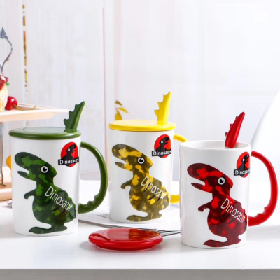 Cute Cartoon Dinosaur Ceramic Water Cup Creative 3d Animal Mug Large Capacity with Lid Spoon Breakfast Coffee Cup