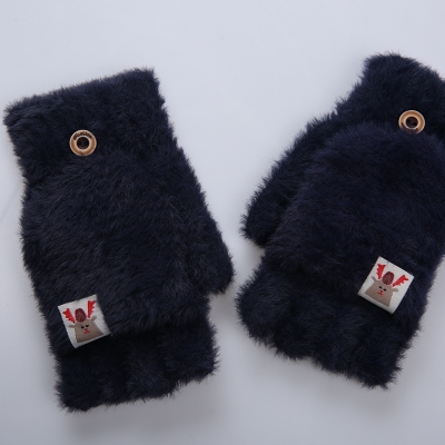 Women's Simple Fashion Plush Fawn Stickers Comfortable Warm Half Finger Flip Gloves