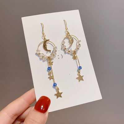 AB asymmetrical zircon star earrings long fringe pendants Korean crystal pearl earrings wholesale