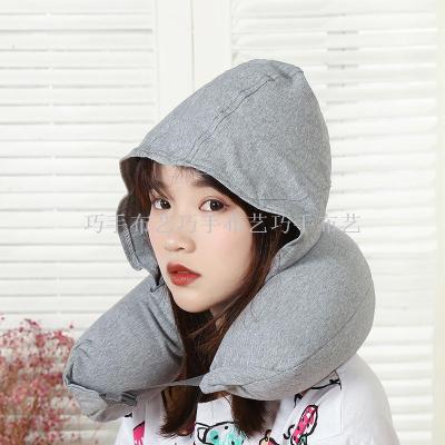 Manufacturer's new hooded U-shaped pillow Travel u-shaped pillow Solid color neck protection pillow pillow particles