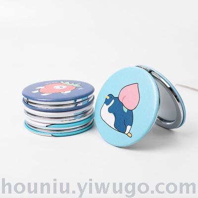 Cute cartoon leather pu portable makeup mirror portable 2 times enlarged logo small round mirror for hair