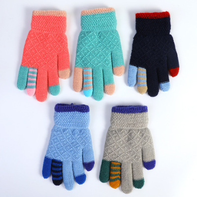 Wholesale Children's Gloves Autumn Winter Style with Fleece Thickened Thermal Knitting Wool Student Touch Screen Boys Outdoor Five Finger