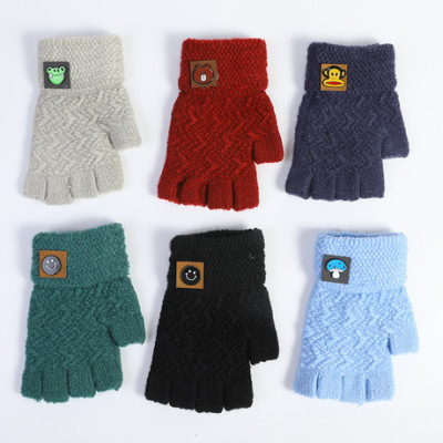 Wholesale Custom Children's Gloves Half Finger Boys and Girls Autumn and Winter Warm Children's Wool Knitted Open Finger Five Finger Gloves