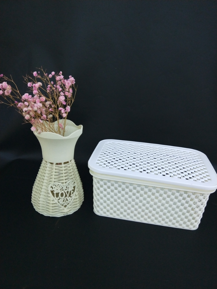 C01-3320G镂空塑料带盖收纳篮长方形桌面零食收纳盒 化妆品收纳筐