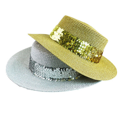 Elegant and versatile summer bowler lady British sequined big brim straw hat lady beach holiday sun shade hat