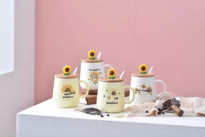 Weige lovely sunflower flower ceramic student cup mug mug stainless steel spoon (60 pieces/case)