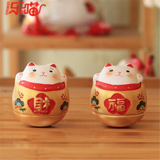 厂家直销 招财猫金色财福两得黄色招财猫不倒翁创意摆件