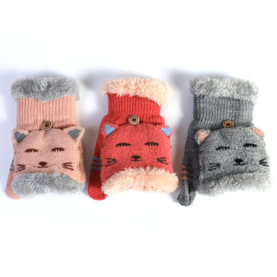 Factory Wholesale Custom Knitting Wool Gloves Female Winter Student Flip Half Finger Korean Style Cartoon Thermal Knitted Gloves