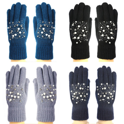 Factory Wholesale Custom Couple Knitting Wool Gloves Men's and Women's Autumn and Winter Diamond-Embedded Knitted Touch Screen Finger Warm Gloves