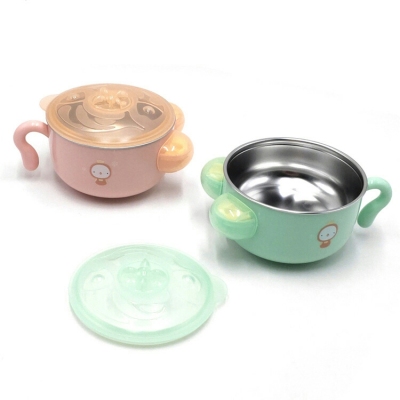T07-7735 New Small Bowl Cute Cartoon Insulation with Lid Water Bowl Shatter Proof Insulation Baby Food Tableware