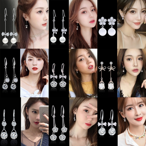 Flower Crystal Earrings for Women sweet Versatile Zircon Stud Earrings Long Tassel Graceful Hypoallergenic 925 Ear Stud Earring