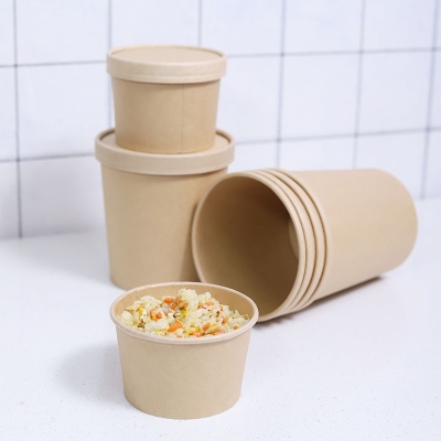 Disposable paper cup lunch box Kraft soup cup takeaway wrap paper customizable soup barrel round soup cup with lid