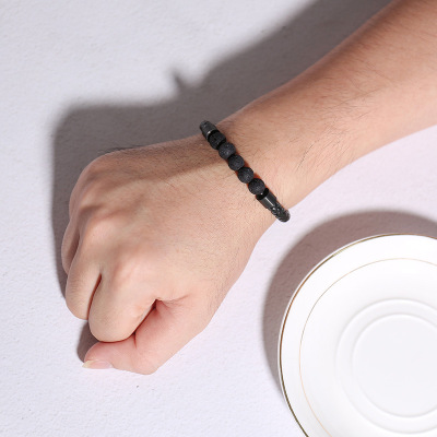 Titanium steel men's hand bracelet with cordage, volcanic stone and leather bracelet