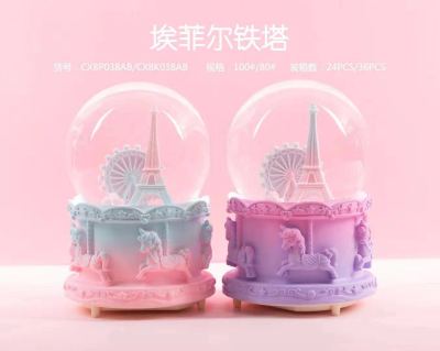 Eiffel Tower romantic pink crystal ball music box presents children and students with a snowdrift cartoon for their birt